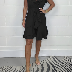 Women's Knee-Length Dress | Ruches | V-Neck | Summer - Black