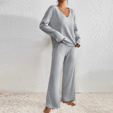 Women's Knit 2-Piece Set - Soft Ribbed Top & Pants | Autumn - Grey