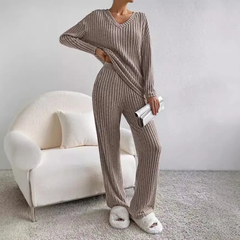 Women's Knit 2-Piece Set - Soft Ribbed Top & Pants | Autumn - Tan