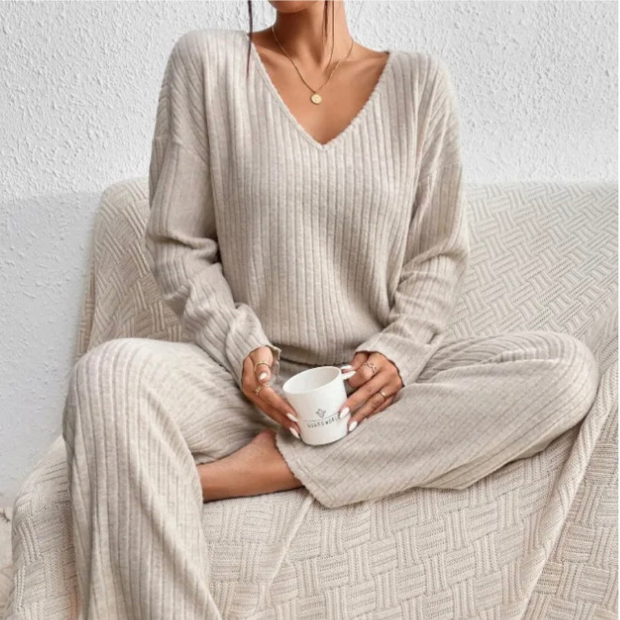 Women's Knit 2-Piece Set - Soft Ribbed Top & Pants | Fall