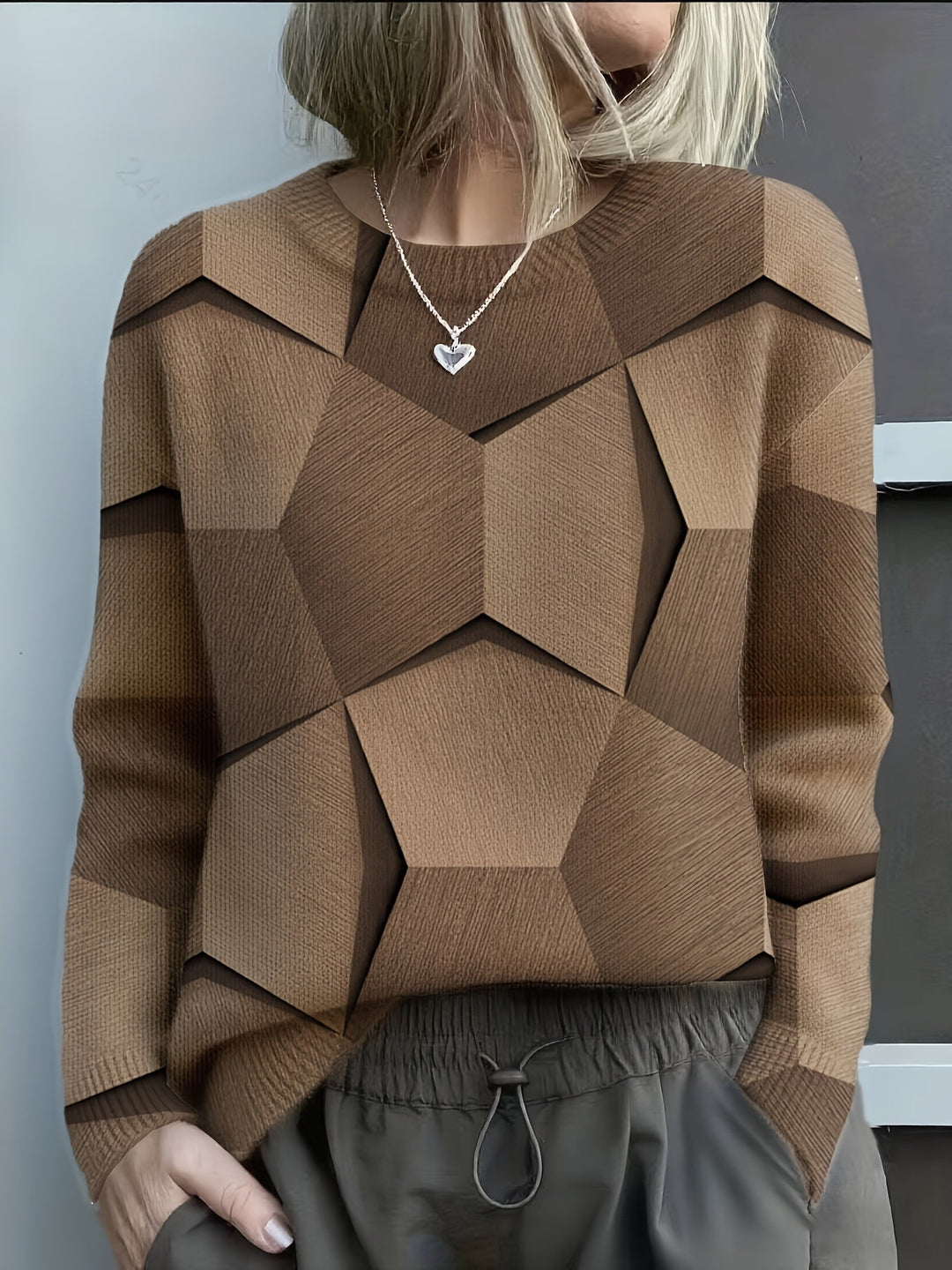 Women's Knit Jumper | Oversized Geometric | Autumn - Brown