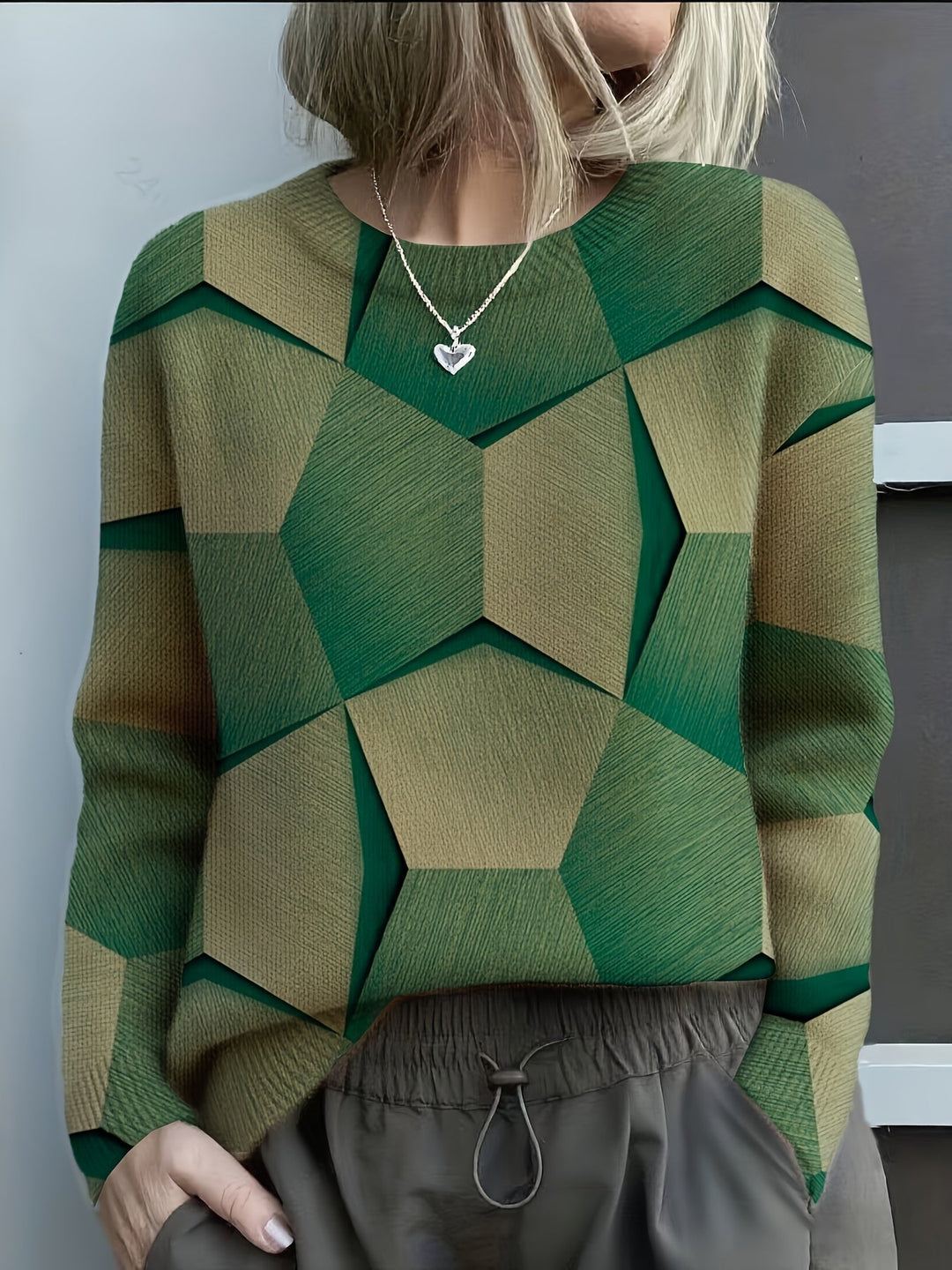 Women's Knit Jumper | Oversized Geometric | Autumn - Green