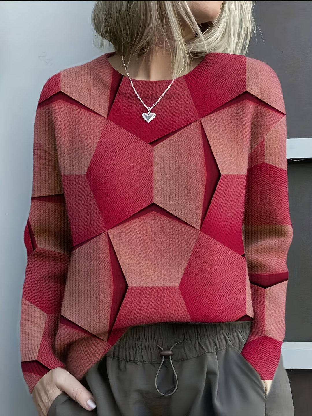 Women's Knit Jumper | Oversized Geometric | Autumn - Red