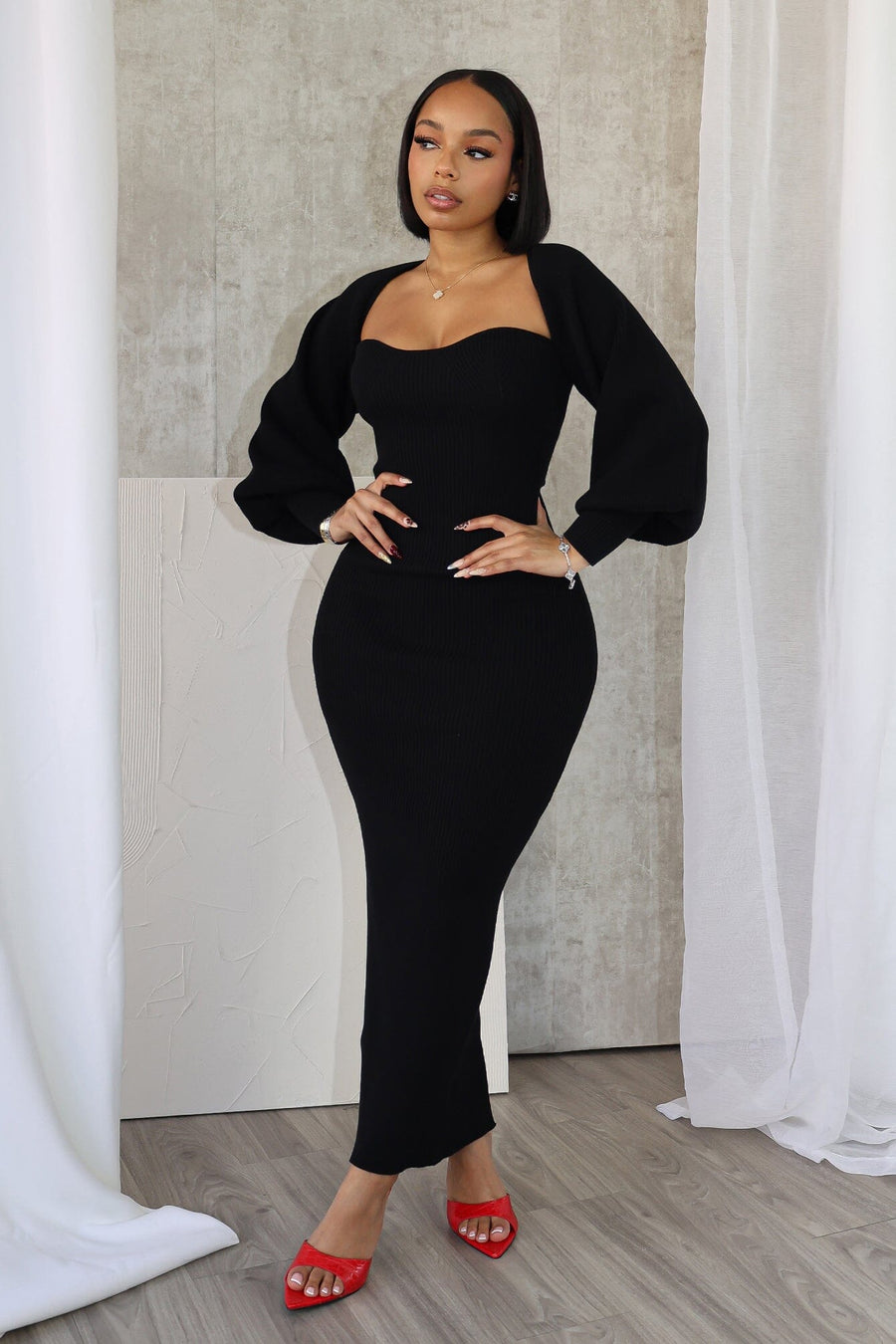 Women's Knit Midi Dress with Puff Sleeves - Elegant Bodycon | Fall - Black