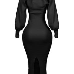 Women's Knit Midi Dress with Puff Sleeves - Elegant Bodycon | Autumn
