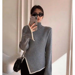 Women's Knit Sweater | Asymmetrical Hem | Winter - Gray