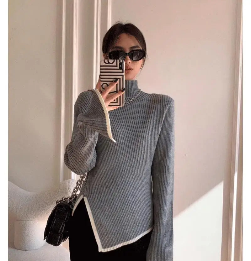 Women's Knit Sweater | Asymmetrical Hem | Winter - Gray