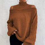 Women's Knit Sweater | Cold Shoulder | Cozy | Autumn - Brown