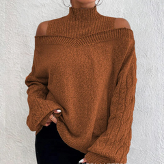 Women's Knit Sweater | Cold Shoulder | Cozy | Autumn - Brown