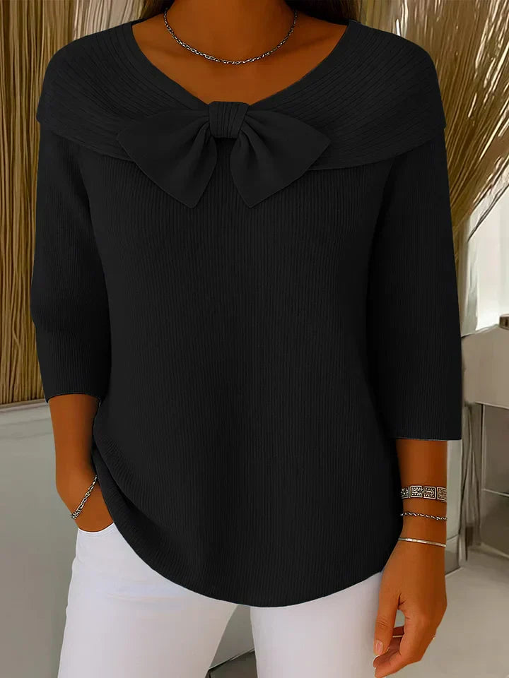 Women's Knit Top with Bow Detail - Elegant Fitted Style | Spring - Black