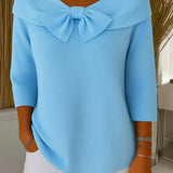 Women's Knit Top with Bow Detail - Elegant Fitted Style | Spring - Blue