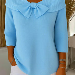 Women's Knit Top with Bow Detail - Elegant Fitted Style | Spring - Blue