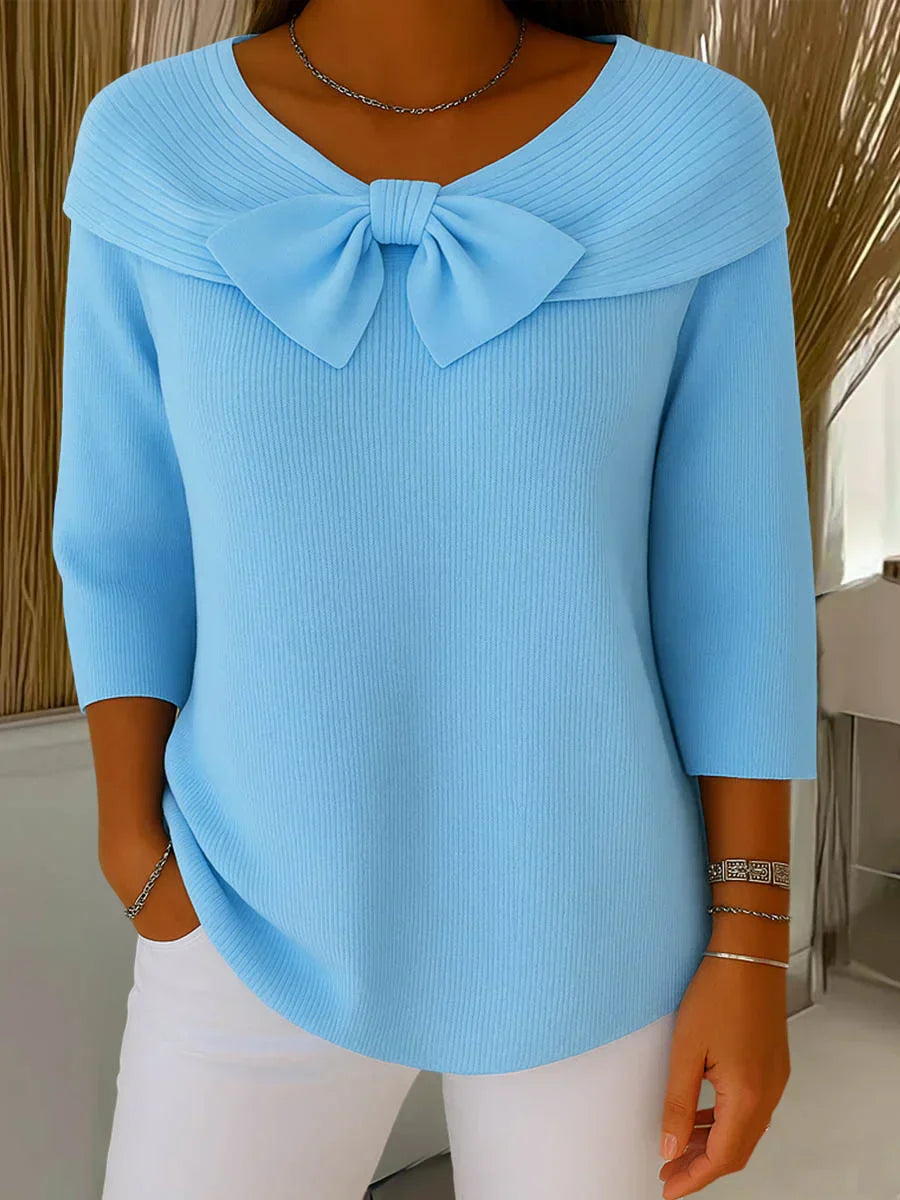Women's Knit Top with Bow Detail - Elegant Fitted Style | Spring - Blue