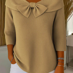 Women's Knit Top with Bow Detail - Elegant Fitted Style | Spring - Khaki