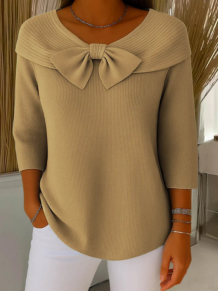 Women's Knit Top with Bow Detail - Elegant Fitted Style | Spring - Khaki
