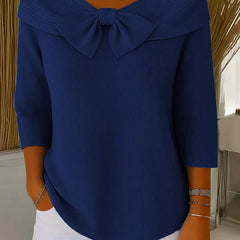Women's Knit Top with Bow Detail - Elegant Fitted Style | Spring - Navy