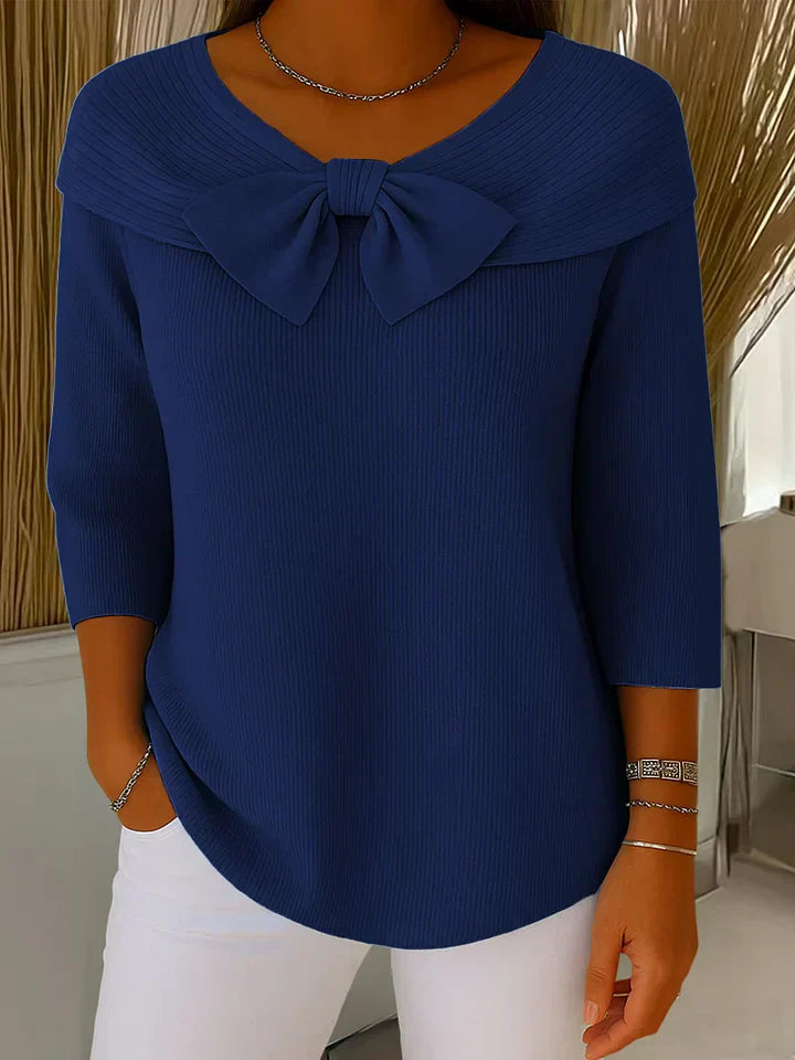 Women's Knit Top with Bow Detail - Elegant Fitted Style | Spring - Navy