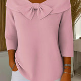 Women's Knit Top with Bow Detail - Elegant Fitted Style | Spring - Pink