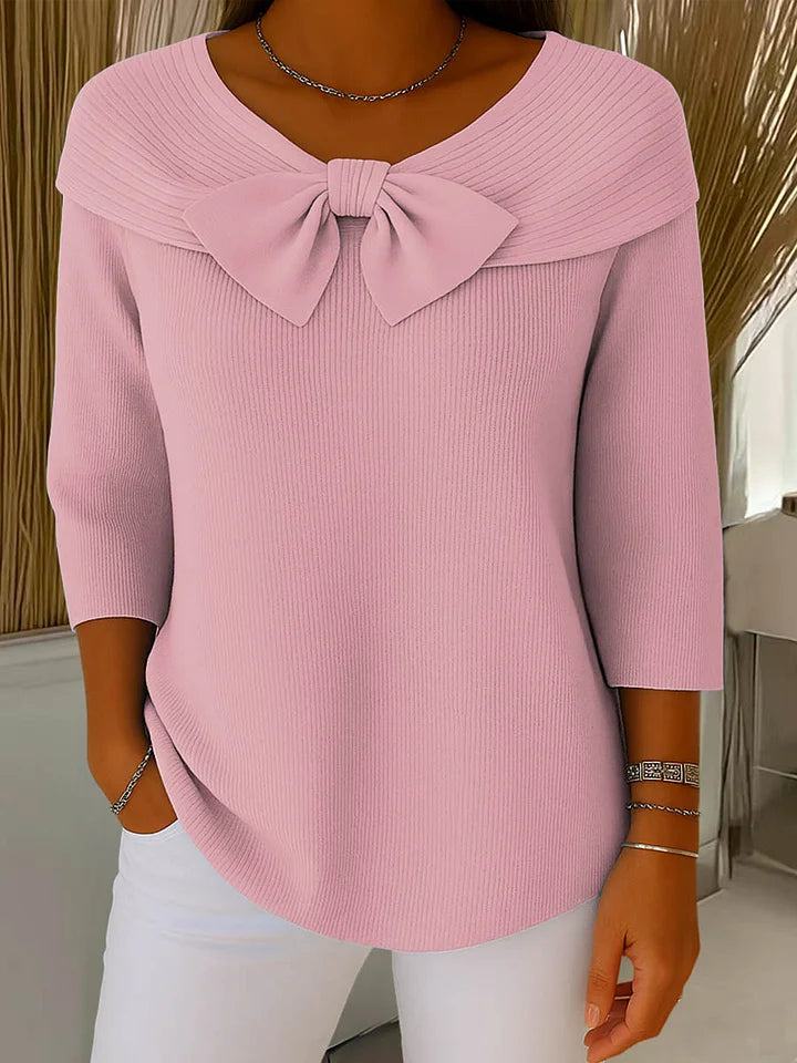 Women's Knit Top with Bow Detail - Elegant Fitted Style | Spring - Pink