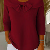 Women's Knit Top with Bow Detail - Elegant Fitted Style | Spring - Red
