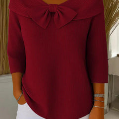 Women's Knit Top with Bow Detail - Elegant Fitted Style | Spring - Red