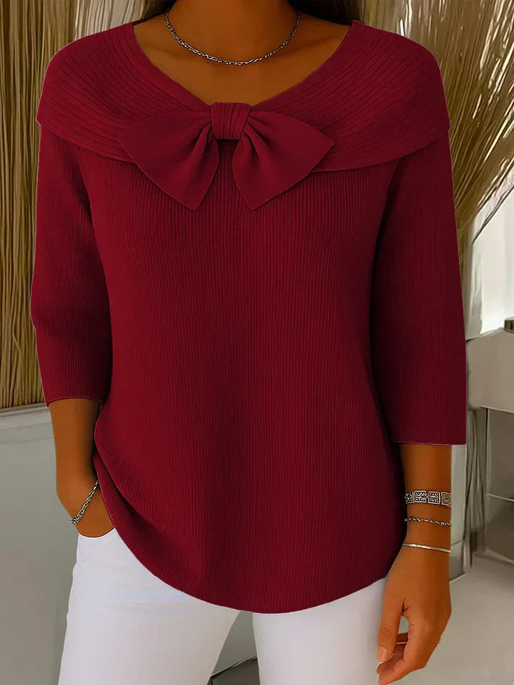 Women's Knit Top with Bow Detail - Elegant Fitted Style | Spring - Red