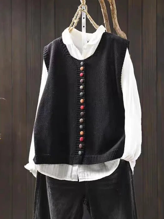 Women's Knit Vest | Button Front | Autumn - Black