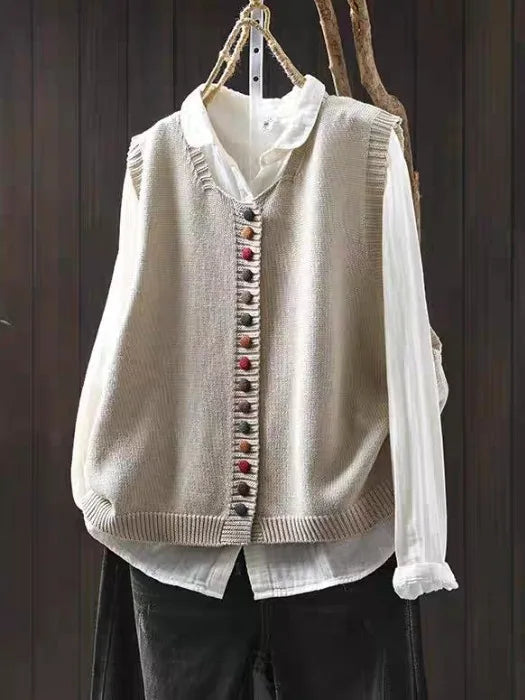 Women's Knit Vest | Button Front | Autumn - Off-White