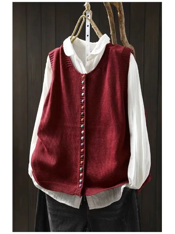 Women's Knit Vest | Button Front | Autumn - Red
