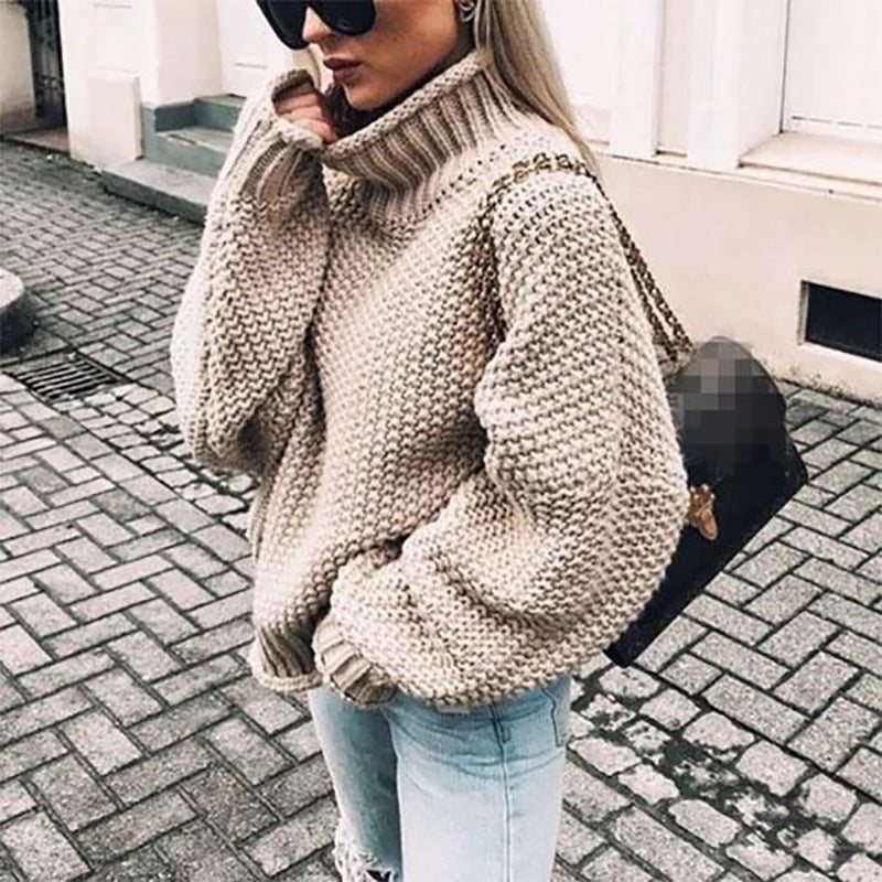 Women's Knitwear | Oversized | High Neck | Textured | Fall - Khaki