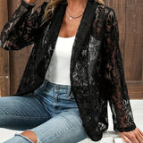 Women's Lace Blazer - Three-Quarter Sleeve Sheer Cover-Up | Spring - Black