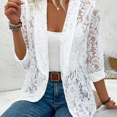 Women's Lace Blazer - Three-Quarter Sleeve Sheer Cover-Up | Spring - White