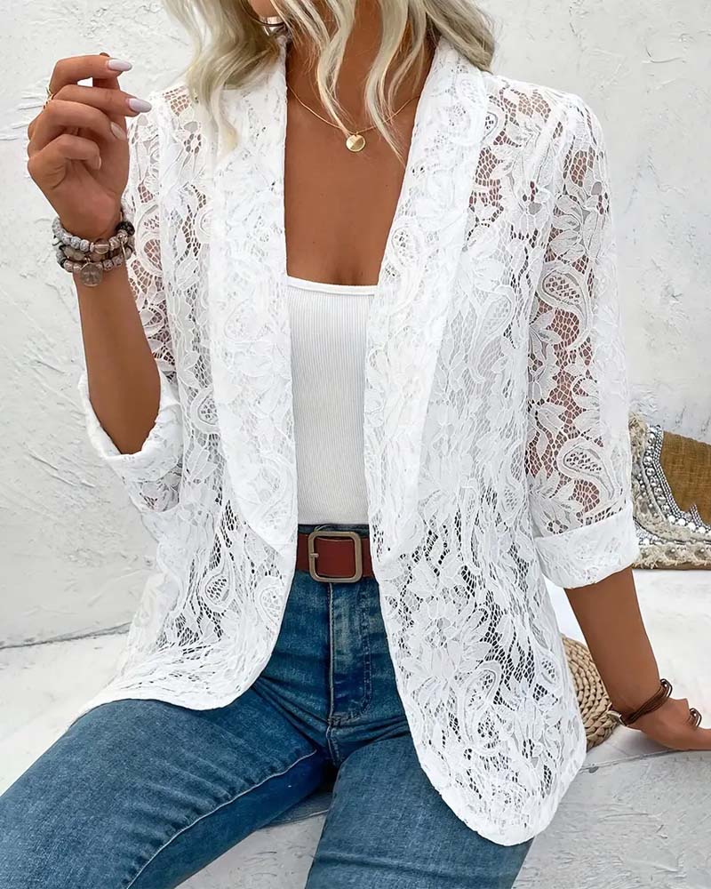 Women's Lace Blazer - Three-Quarter Sleeve Sheer Cover-Up | Spring - White