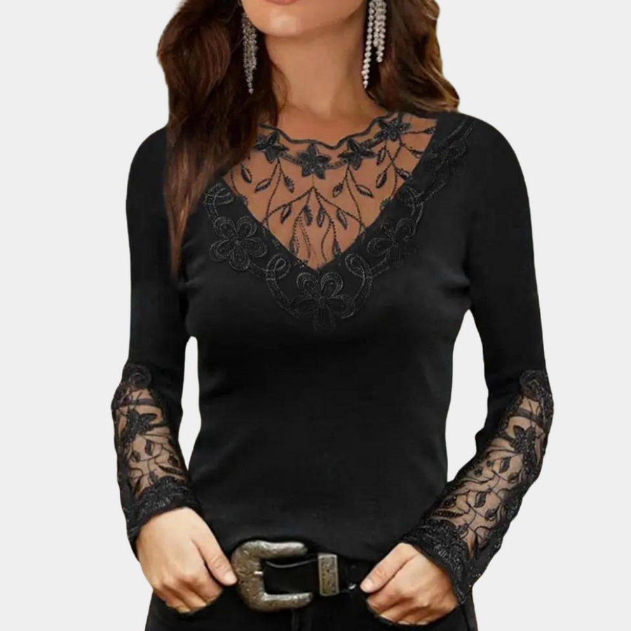 Women's Lace Blouse Long Sleeve - Elegant Fitted Top | Fall - Black