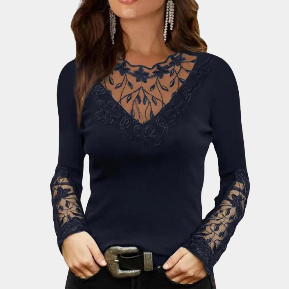 Women's Lace Blouse Long Sleeve - Elegant Fitted Top | Autumn - Navy
