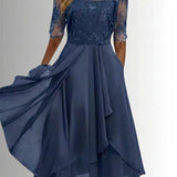 Women's Lace Bodice Chiffon Midi Dress - Elegant Cocktail Party - Blue