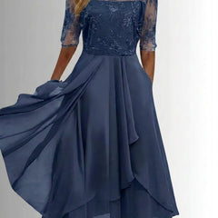 Women's Lace Bodice Chiffon Midi Dress - Elegant Cocktail Party - Blue