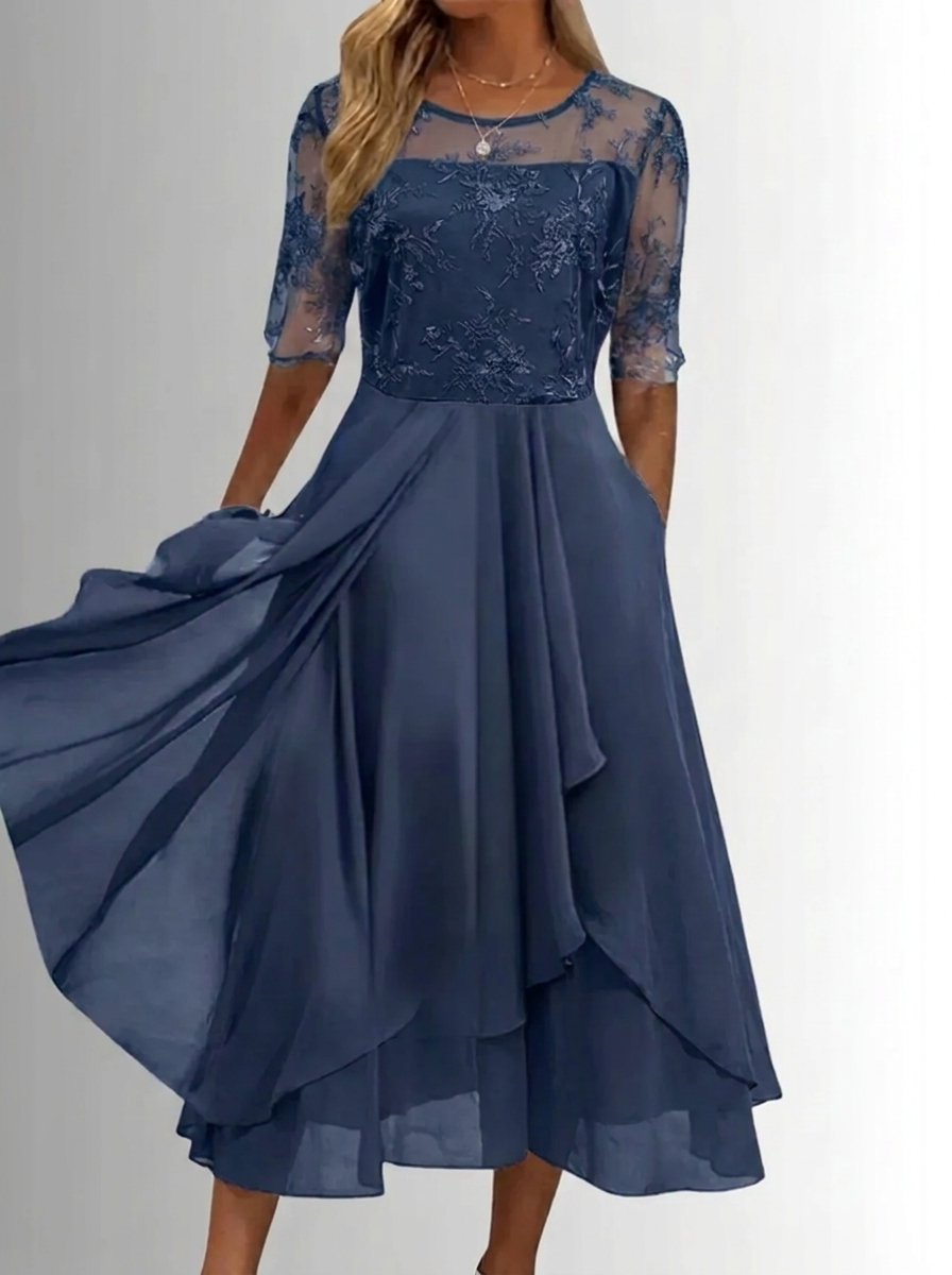 Women's Lace Bodice Chiffon Midi Dress - Elegant Cocktail Party - Blue