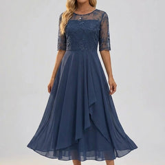 Women's Lace Bodice Chiffon Midi Dress - Elegant Cocktail Party