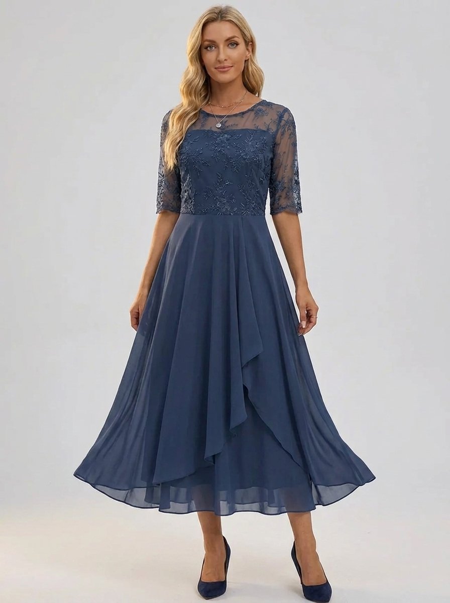 Women's Lace Bodice Chiffon Midi Dress - Elegant Cocktail Party