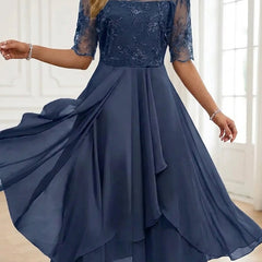 Women's Lace Bodice Chiffon Midi Dress - Elegant Cocktail Party