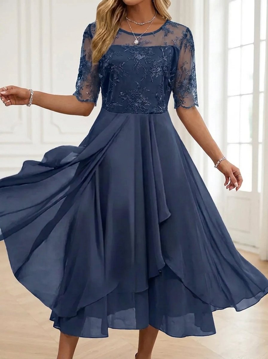 Women's Lace Bodice Chiffon Midi Dress - Elegant Cocktail Party