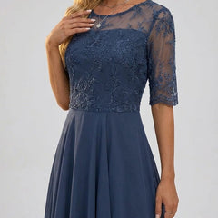 Women's Lace Bodice Chiffon Midi Dress - Elegant Cocktail Party