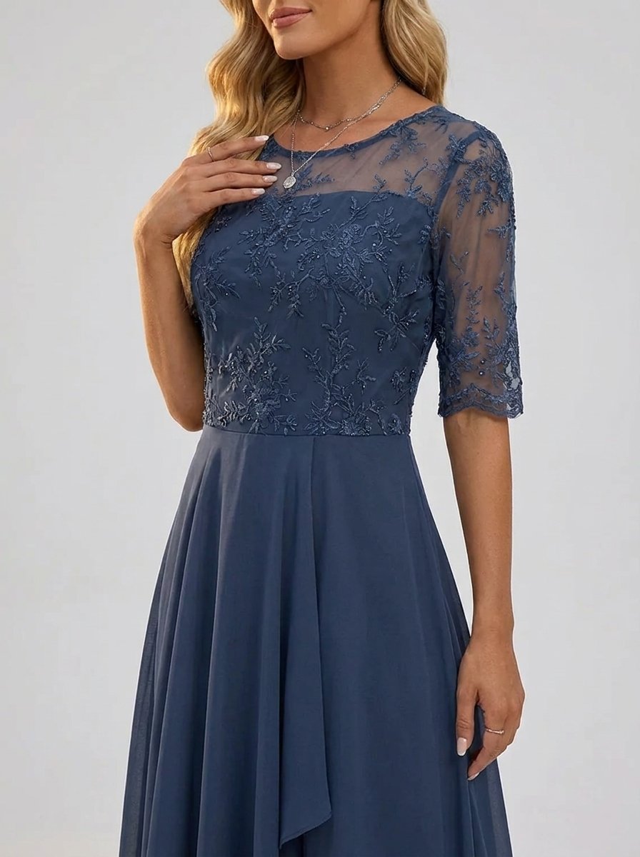 Women's Lace Bodice Chiffon Midi Dress - Elegant Cocktail Party