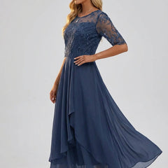 Women's Lace Bodice Chiffon Midi Dress - Elegant Cocktail Party