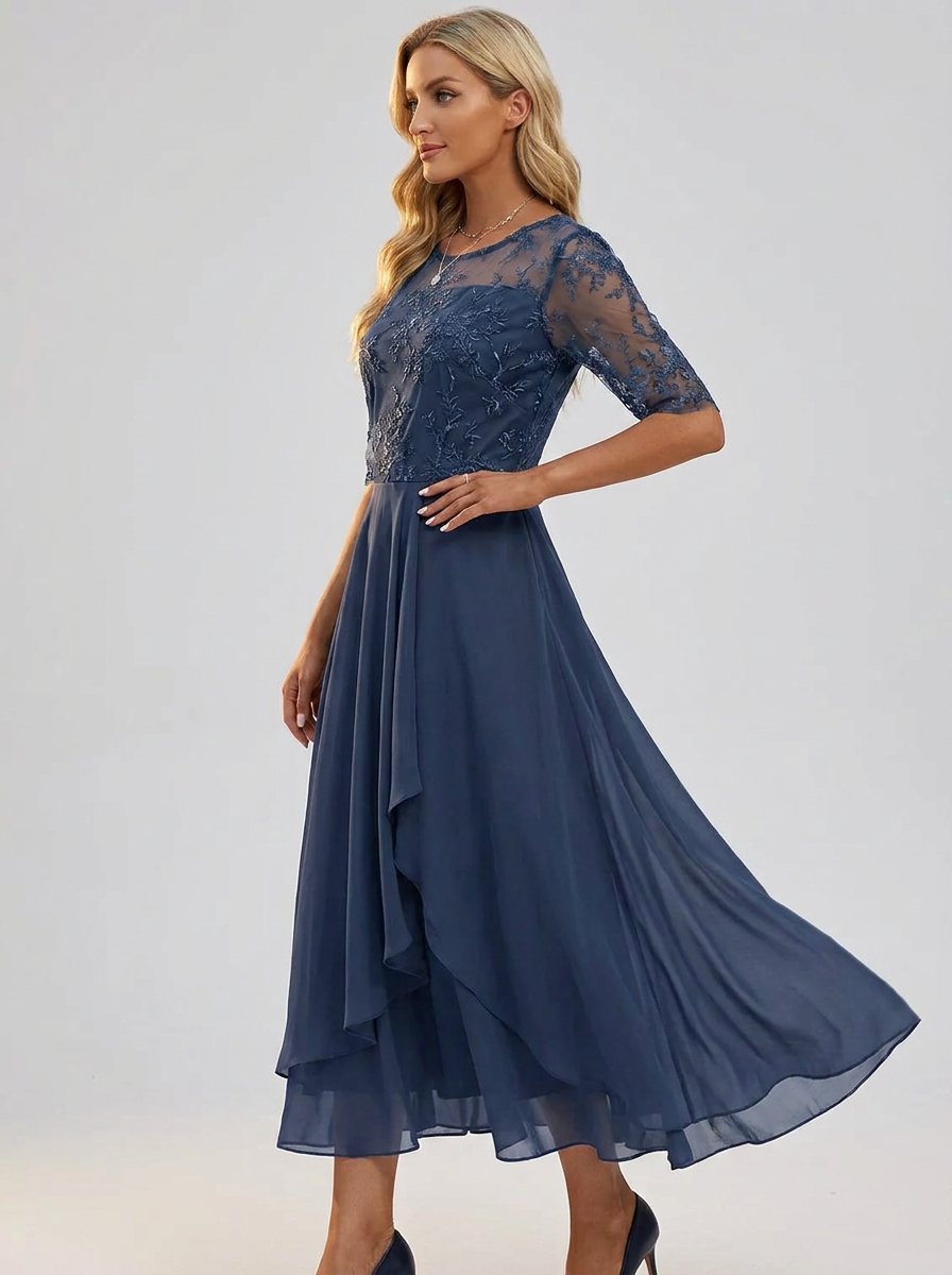 Women's Lace Bodice Chiffon Midi Dress - Elegant Cocktail Party