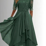 Women's Lace Bodice Chiffon Midi Dress - Elegant Cocktail Party - Green