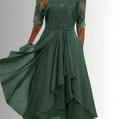 Women's Lace Bodice Chiffon Midi Dress - Elegant Cocktail Party - Green