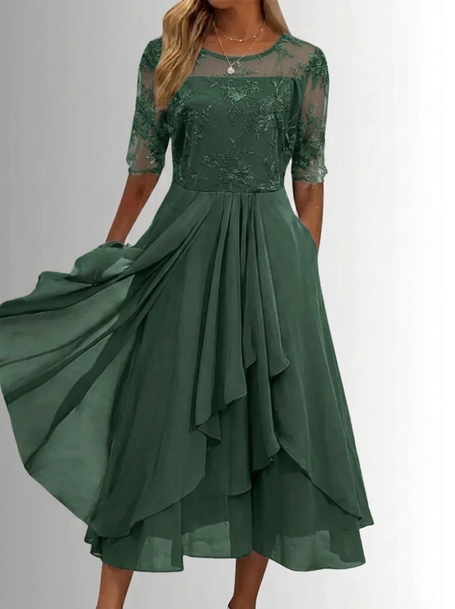 Women's Lace Bodice Chiffon Midi Dress - Elegant Cocktail Party - Green