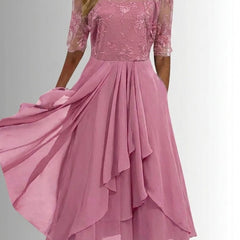 Women's Lace Bodice Chiffon Midi Dress - Elegant Cocktail Party - Pink